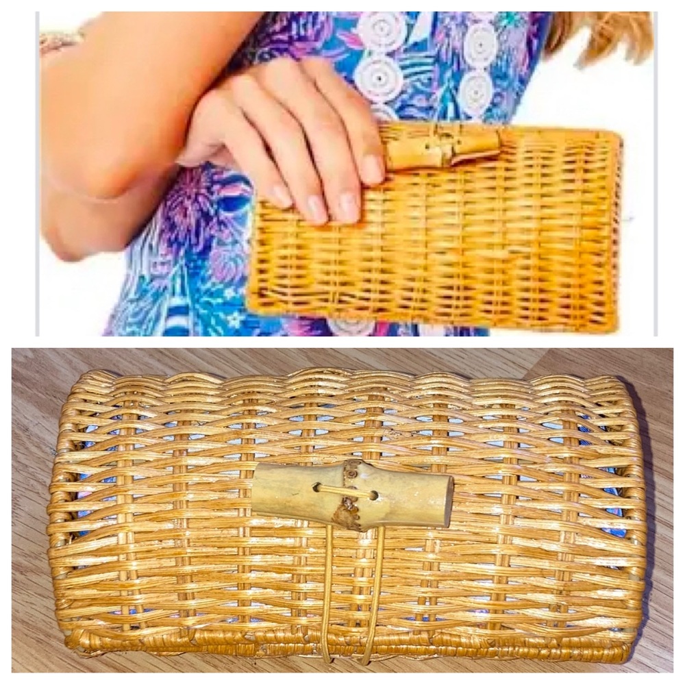 Lilly Pulitzer Wicker Rattan Clutch Purse Bag Accessory Print Lining Wood Toggle